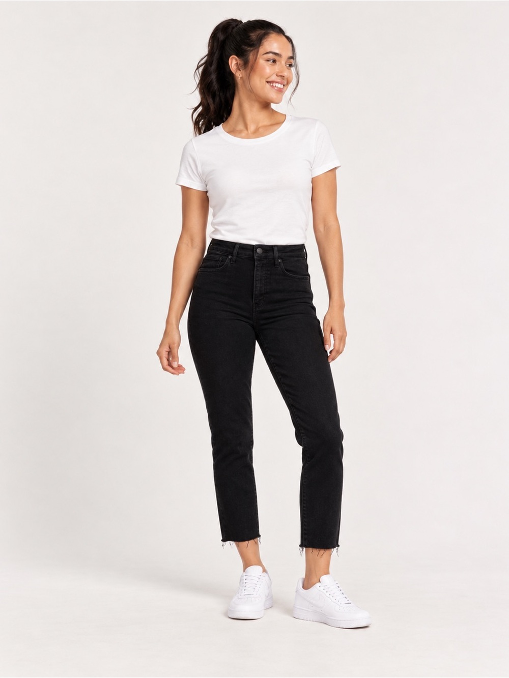 Good American Black High Rise Skinny Crop Jeans Raw Hem Size 6–12